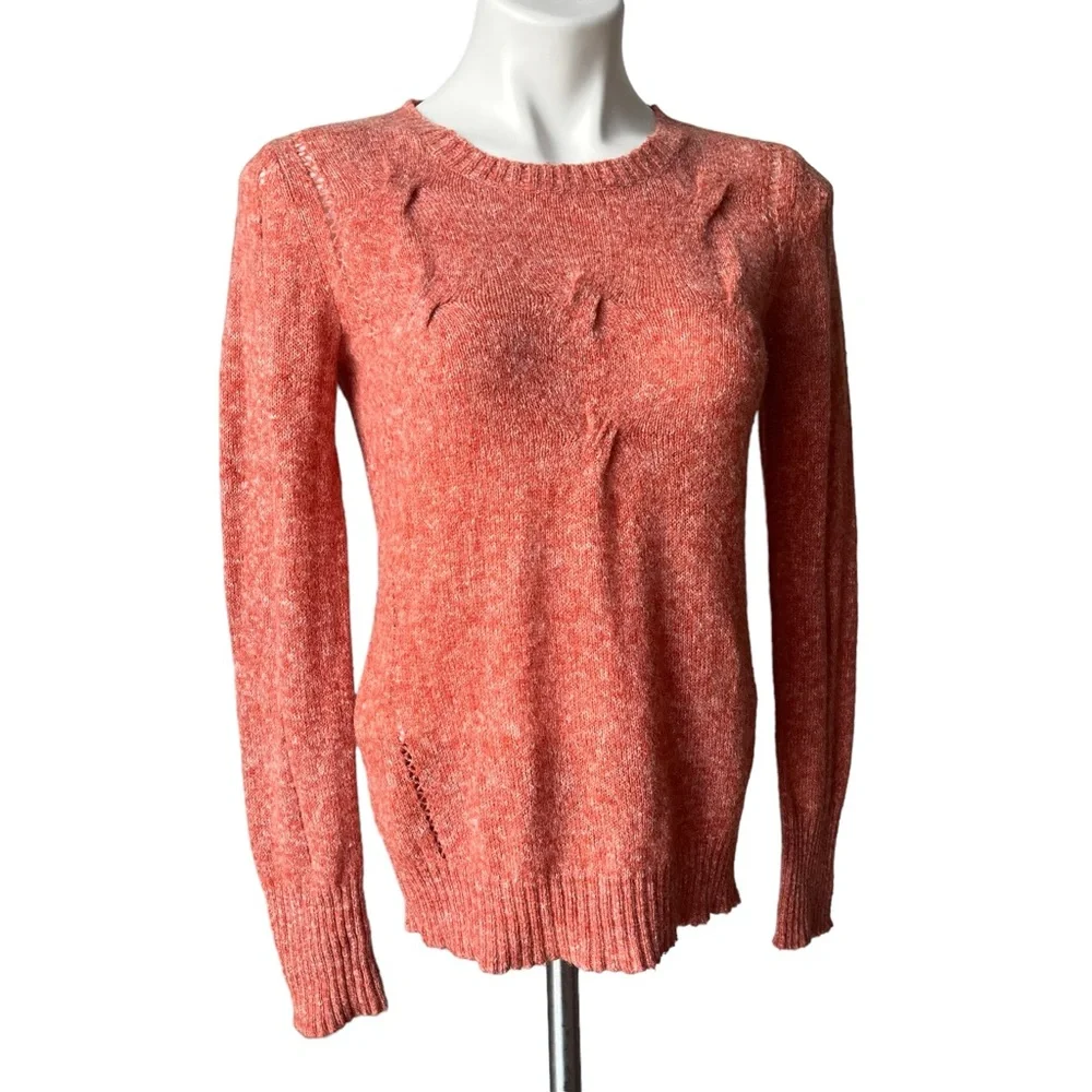 Prana Heathered Coral Orange Cable Knit Pullover Long Sleeve Sweater, Sz L - Picture 3 of 12